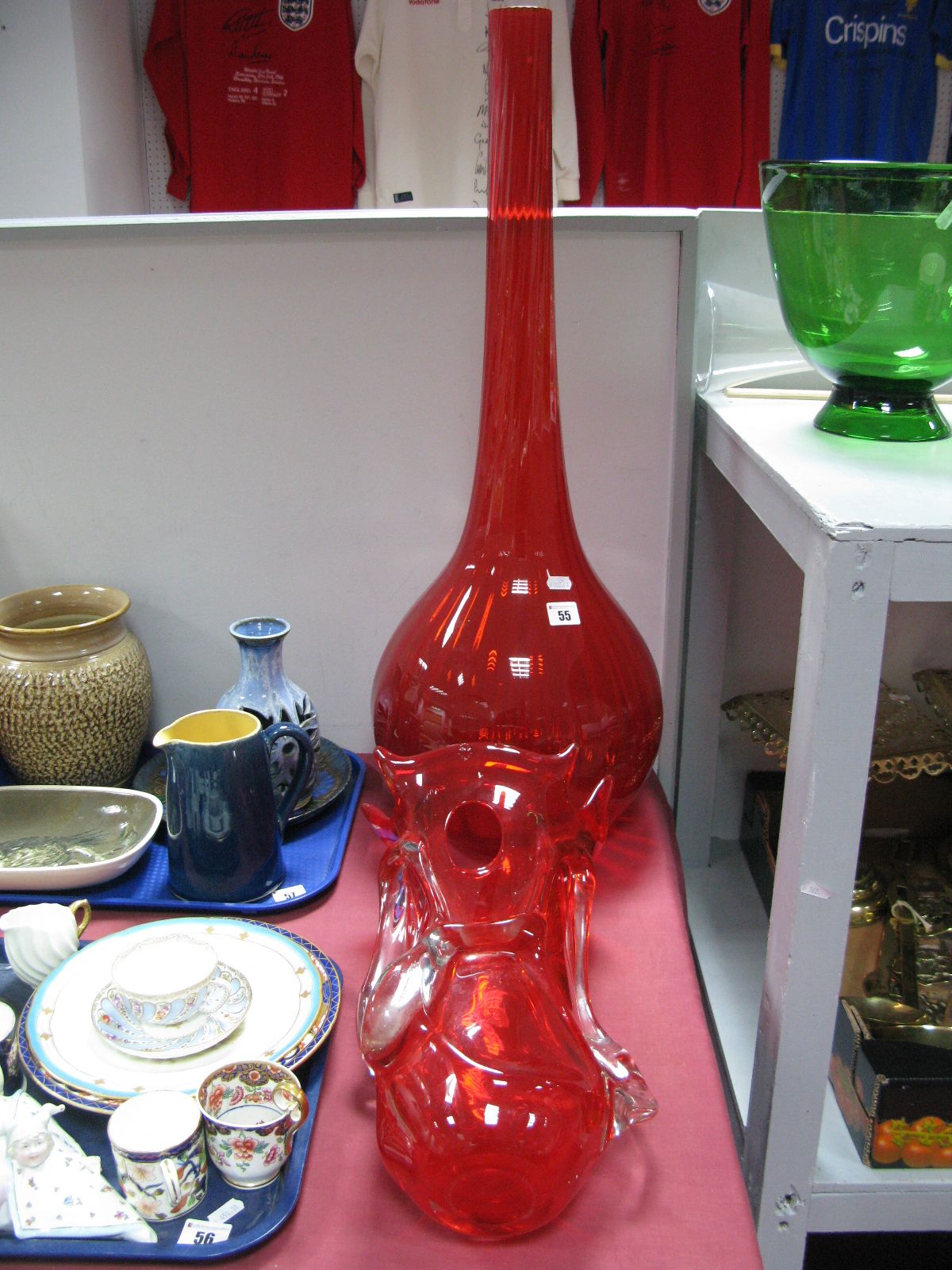 Red Abstract Studio Glass Vase, together with a red glass long neck bottle vase, ribbed,