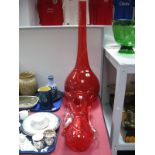 Red Abstract Studio Glass Vase, together with a red glass long neck bottle vase, ribbed,