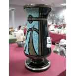 An Art Deco Style Black Glass Vase, with silver lustre and turquoise speckled geometric