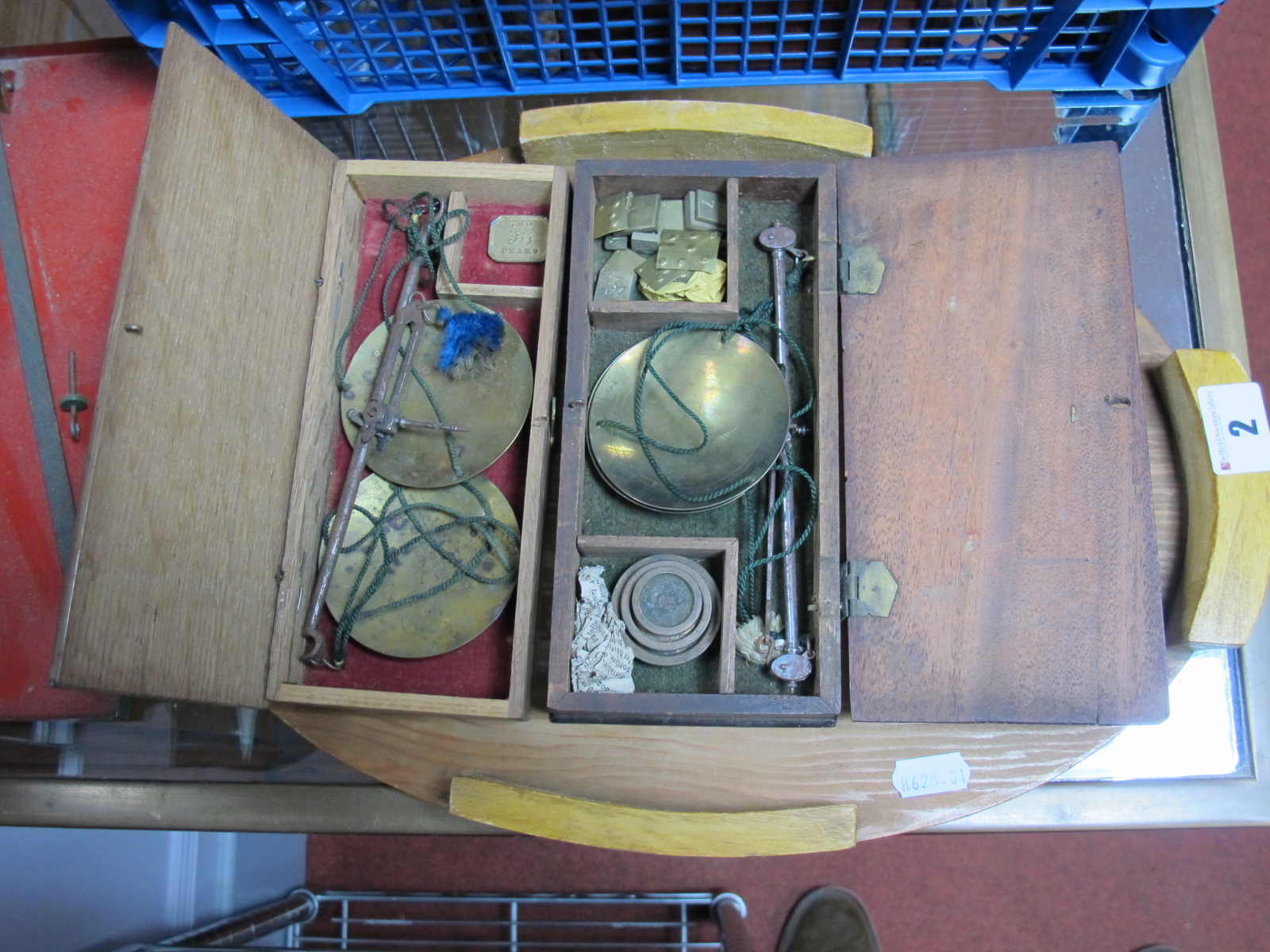 Two XIX Century Sets of Brass Panned Balance Scales, with weights, and oval tray.
