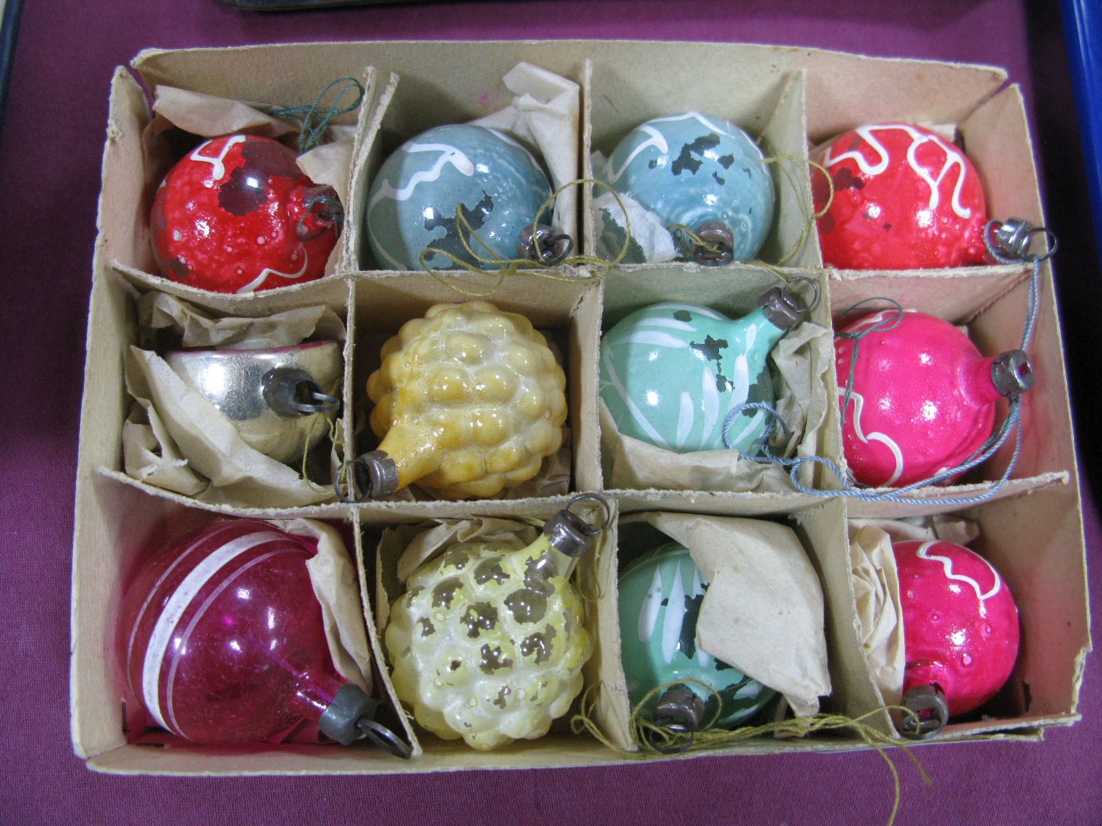 Twelve Painted Glass Christmas Tree Baubles, circa early XX Century, each approximately 3 cms