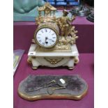 French XIX Century Metal and Alabaster Mantle Clock, with black Roman numerals to white enamel dial,