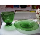 Glass Yard of Ale, shallow large green glass dish, 48 cms diameter, and bowl. (3)