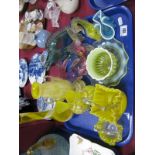 Vaseline Glass Bowl, glass basket posies, vases and fish:- One Tray