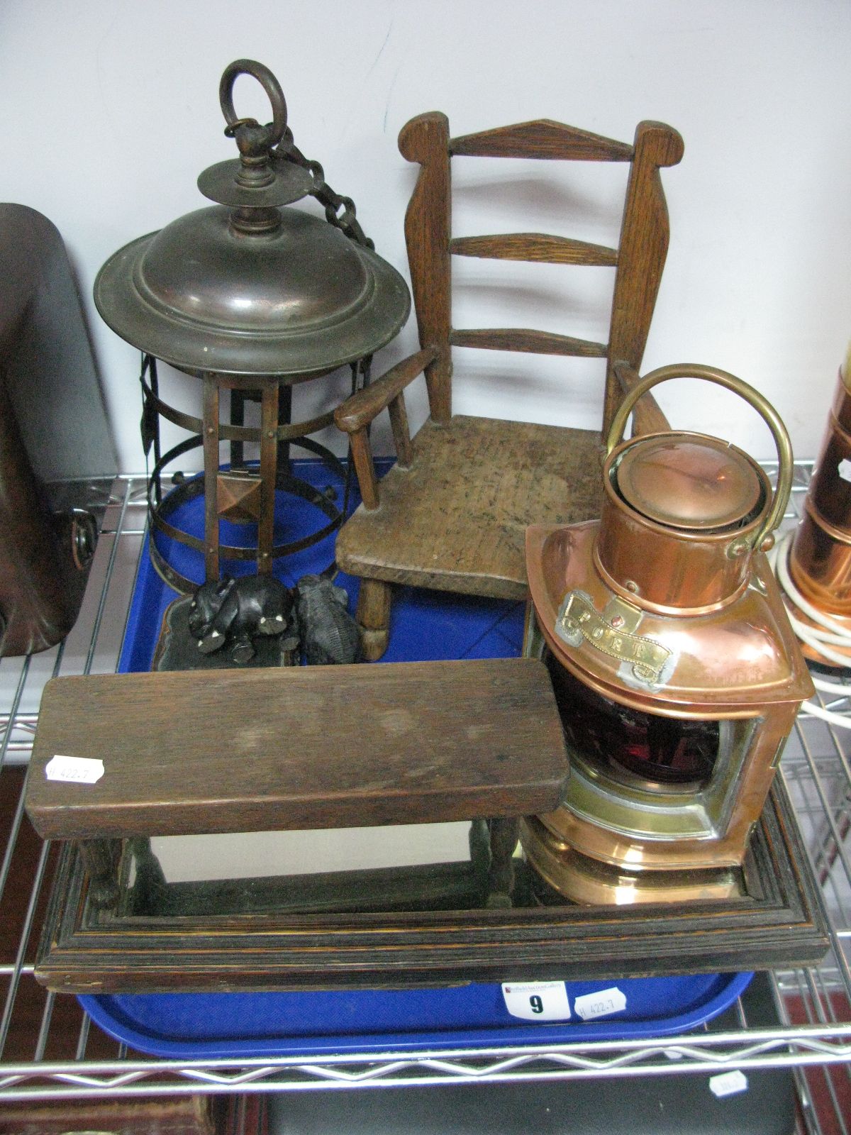 A Copper "Port" Ships Lamp, elm miniature "dolls" country open armchair, copper lantern frame,