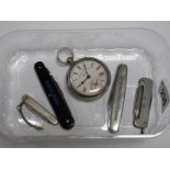 A Novelty Vesta Case, in the form of a pocketwatch, together with four folding pocket knives,