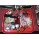 Ladies Wristwatches, scent bottles, plated ware, fan, magnifying glass etc:- One Tray