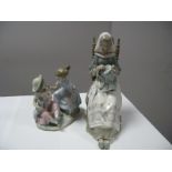 Lladro Figure, of a lady sewing; together with a figure group of two children playing. (Boxed) (2)