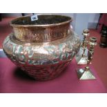 Middle Eastern Copper Jardenware, embossed with elephants and camels, to shoulder band, 23 cms high,