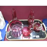 A Pair of Cranberry Glass Spill Vases, each with applied clear glass pineapple and loop handle, Mary