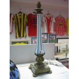 A Victorian Blue and White Overlaid Glass and Brass Mounted Pillar Oil Lamp, on turned knop and