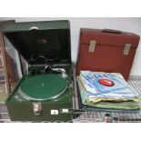 A Circa 1930's HMV Portable Gramophone, in green with chrome arm and winder, together with a