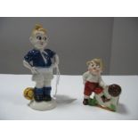 Bavarian Pottery Figure of Golden Haired Footballer, in blue shirt circa 1930's 13cms tall.