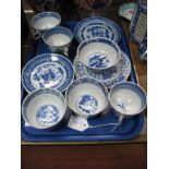 A Group of Late XIX/ Early XX Century Chinese Teawares, decorated in blue with Chinoiserie river