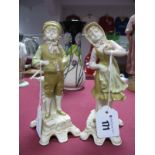 Royal Vienna Figurine Posy Holders, as flower girl and boy, stamped 4732 & 4733, 17 cms high.