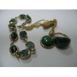 A Malachite Bracelet, to 9ct gold t-bar and loop fastener, a malachite set ring and a pendant.