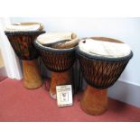 Three Master Djembe African Drum, two with carved stylised decoration to the base, all in need of