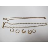 A 9ct Gold Chain, (damaged) together with another chain and assorted earrings.