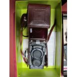 Rolleiflex T (Type 1) TLR Camera (Serial Number T2121141), leather case, lens caps, viewfinder