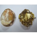 A XIX Century Oval Shell Carved Cameo Brooch, collet set; together with a large single stone brooch,