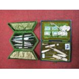 Bone Stanhope, Kevelaer needle holder, manicure and needlework items in two green cases.