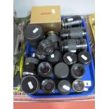 Nineteen Camera Lenses, including Olympus OM-System F.Zuiko Auto-S 1;1,8 50mm, lens, Mirage auto