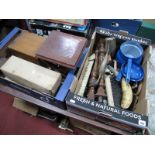 Brushes, Britannia bike pumps, stool, Judge enamelled pan etc:- Two Boxes