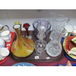 Amethyst Glass Hexagonal Vase, Stuart vase, decanter, other glassware:- One Tray