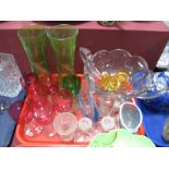 Cranberry Bowled Wines, pair green waisted glass vases etc:- One Tray