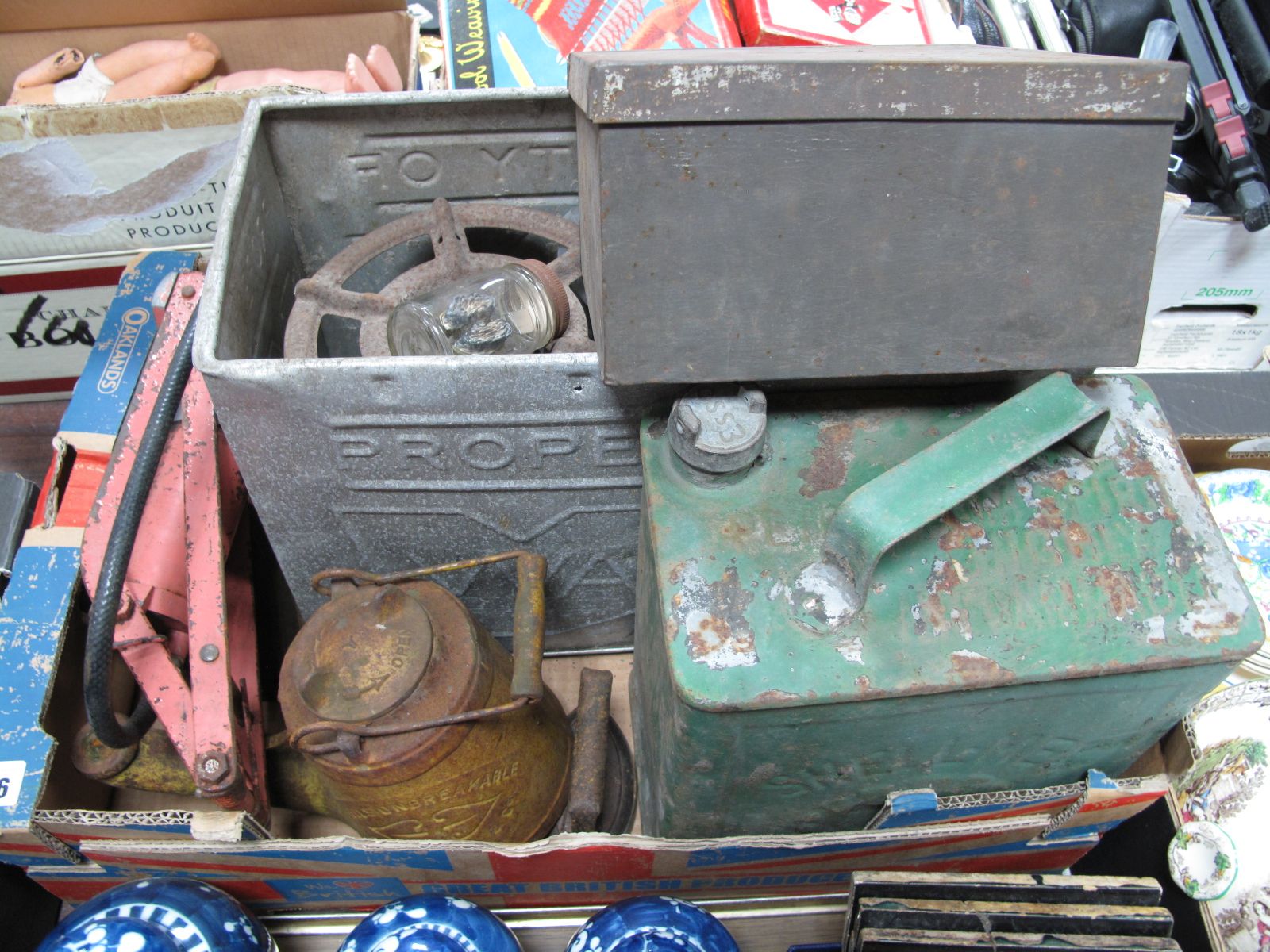 Primus Stove, foot pump, railway paraffin lamp, Wall's advertising tin, Esso petrol canister etc:-