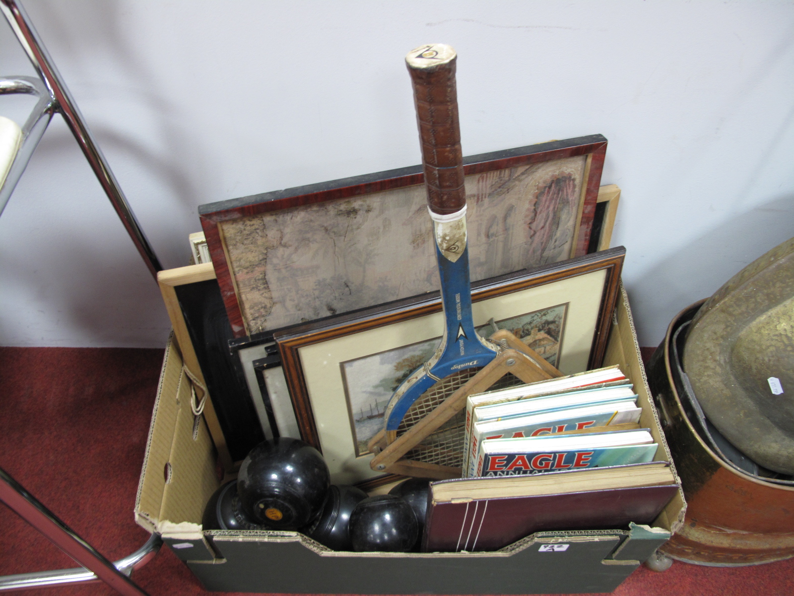 Schoolboy Stamp Albums, lawn green bowls, Eagle annuals, tennis racket, needleworks, etc:- One Box