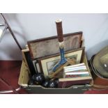 Schoolboy Stamp Albums, lawn green bowls, Eagle annuals, tennis racket, needleworks, etc:- One Box