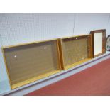 Three Wooden and Glass Model Display Cabinets. Two at 81cms wide, 56cms wide and 12cms deep with
