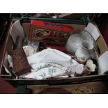 Cased and Loose Cutlery, brass crib board, games, ceramics, linens, etc:- One Box