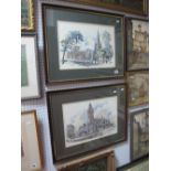 Kenneth A.Bromley, Pair of Watercolours, The Town Hall Sheffield, The Cathedral Sheffield, both