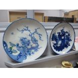 Japanese Blue and White Pottery Charger, featuring birds amongst blossom, 41.5cms diameter,