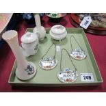 Three Coalport China Decanter Labels (Rum, Brandy, Vodka), and four items of crested ware, including