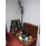 A Victorian Elm Stool, artists box and contents, turned ebonised jars, smoothing iron, onyx egg, two