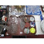 Six Paperweights, Claret jug, eight champagne flutes, vase:- One Tray