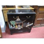 Chinese Black Painted Sideboard, with two drawers over cupboard doors, featuring Geisha girls, and