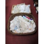 Wicker Basket and Box Containing Large Quantity of Linens.