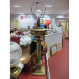 Early XX Century Brass Oil Lamp, with ribbon embossed well, stepped base and onyx cylindrical