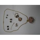 A Cluster Ring, stamped "9ct", a modern pink Wedgwood heart pendant on chain, earrings etc.