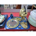 Circular Bevelled Wall Mirror, in pierced brass frame, spirit kettle, inkwell, etc:- One Tray