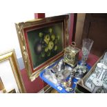 A Cast Brass Mantel Clock, fluted vase encased with pierced metal foot, gallery tray, wine