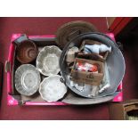 Four Stoneware Jelly Moulds, aluminium jam pan, pie funnels, light bulbs, bread boards:- One Box