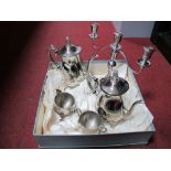 A Plated Twin Branch Candelabrum, together with a silver plated four piece teaset.