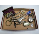 Dixon's Spirit Flask, vesta case, ebony handle wine tap, brass ring corkscrew, nutcrackers, silver