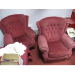 A Pair of Armchairs, upholstered in a wine coloured damask on gadrooned and reeded feet.