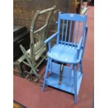 Blue Painted Childs High Chair, and folding childs push chair.